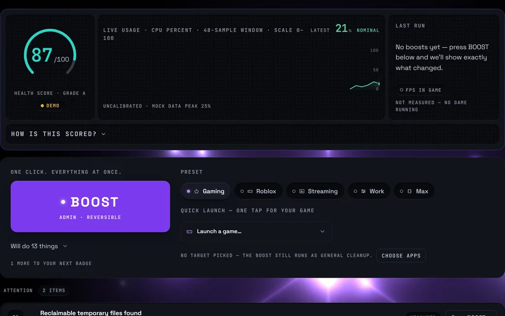 Neon's Boost panel: health score, the BOOST button and per-app controls — sample data in browser demo mode.